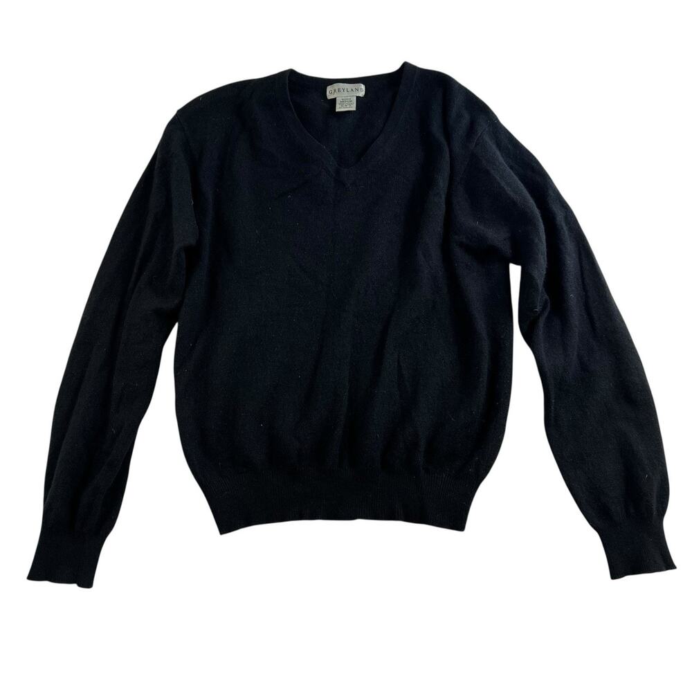 Greyland M Medium‎ Cashmere Sweater Women’s Black Knit V-Neck Pullover TINY FLAW
